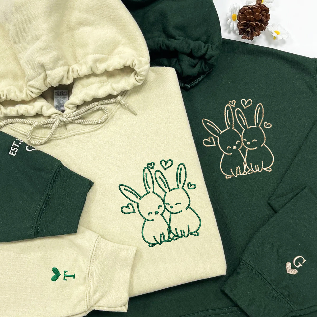 Cute Rabbit Love Matching Hoodies for Couples - Custom Embroidered Sweatshirts