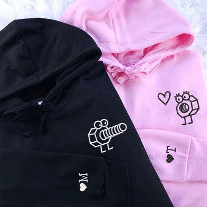 Cute Screw and Nut Matching Hoodies for Couples - Custom Embroidered Couple Sweatshirts