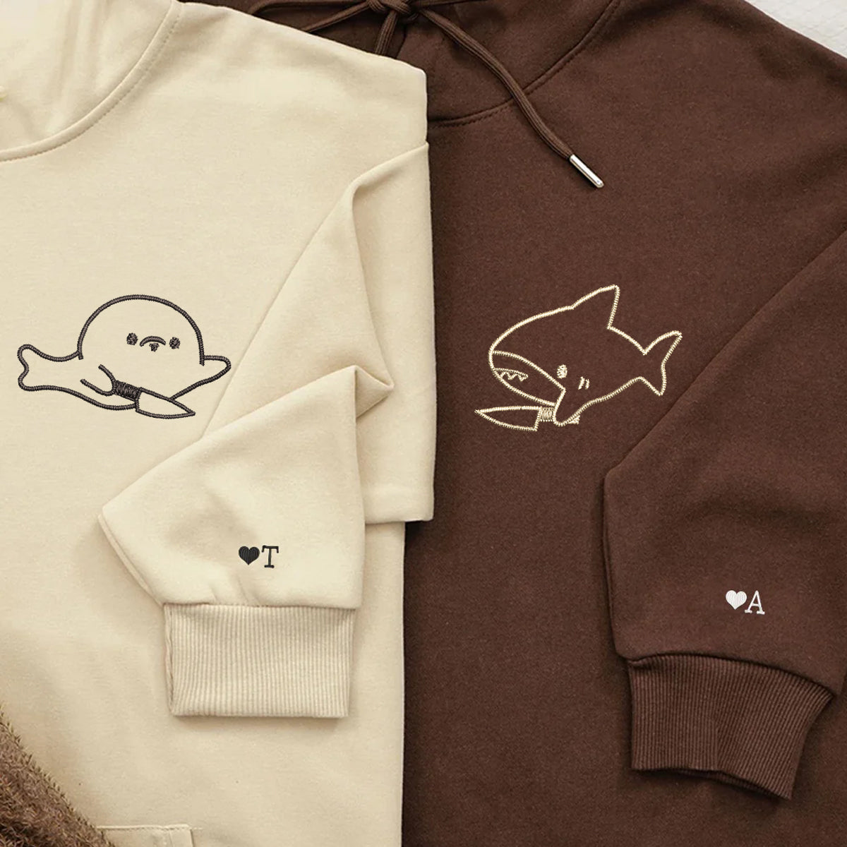 Cute Shark and Seal Matching Hoodies for Couples - Custom Embroidered Couple Sweatshirts