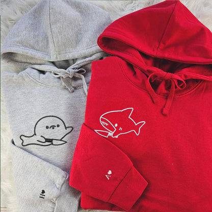 Cute Shark and Seal Matching Hoodies for Couples - Custom Embroidered Couple Sweatshirts