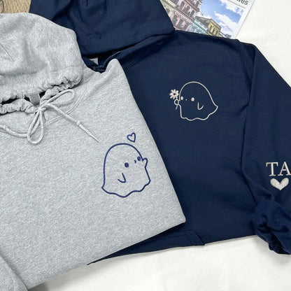 Cute Sheet Ghost Matching Hoodies for Couples - Custom Embroidered Couple Sweatshirts