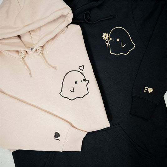 Cute Sheet Ghost Matching Hoodies for Couples - Custom Embroidered Couple Sweatshirts