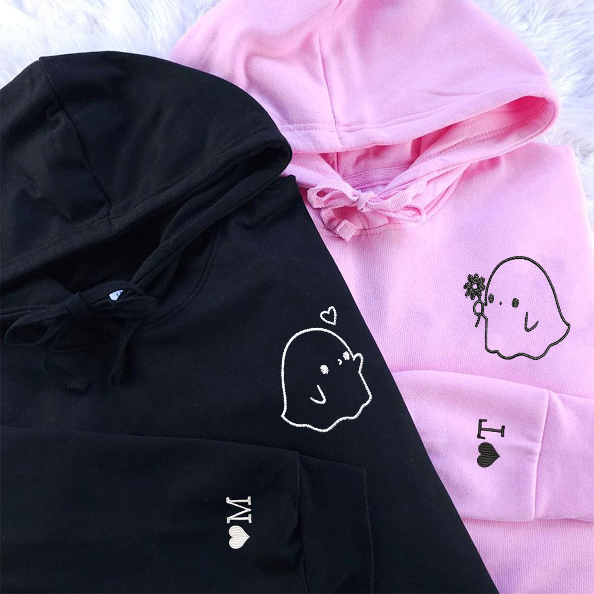 Cute Sheet Ghost Matching Hoodies for Couples - Custom Embroidered Couple Sweatshirts