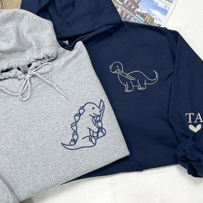 Dinosaur with Knife Matching Hoodies for Couples - Custom Embroidered Sweatshirts