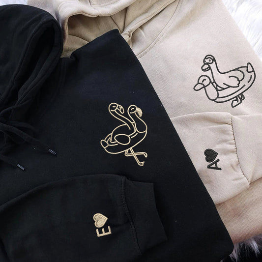 Duck and Flamingo Floaties Matching Hoodies for Couples - Custom Embroidered Sweatshirts