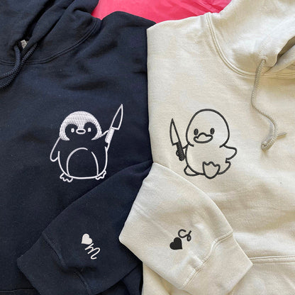 Duck and Penguin with Knife Matching Hoodies for Couples - Custom Embroidered Sweatshirts