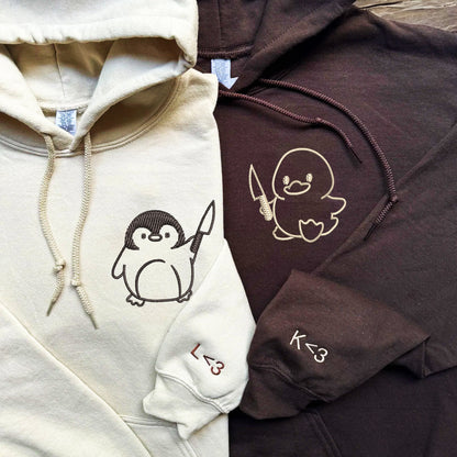 Duck and Penguin with Knife Matching Hoodies for Couples - Custom Embroidered Sweatshirts