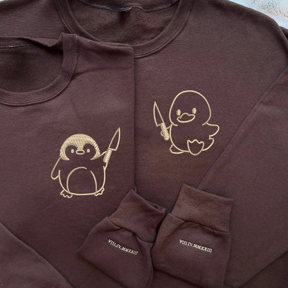 Duck and Penguin with Knife Matching Hoodies for Couples - Custom Embroidered Sweatshirts