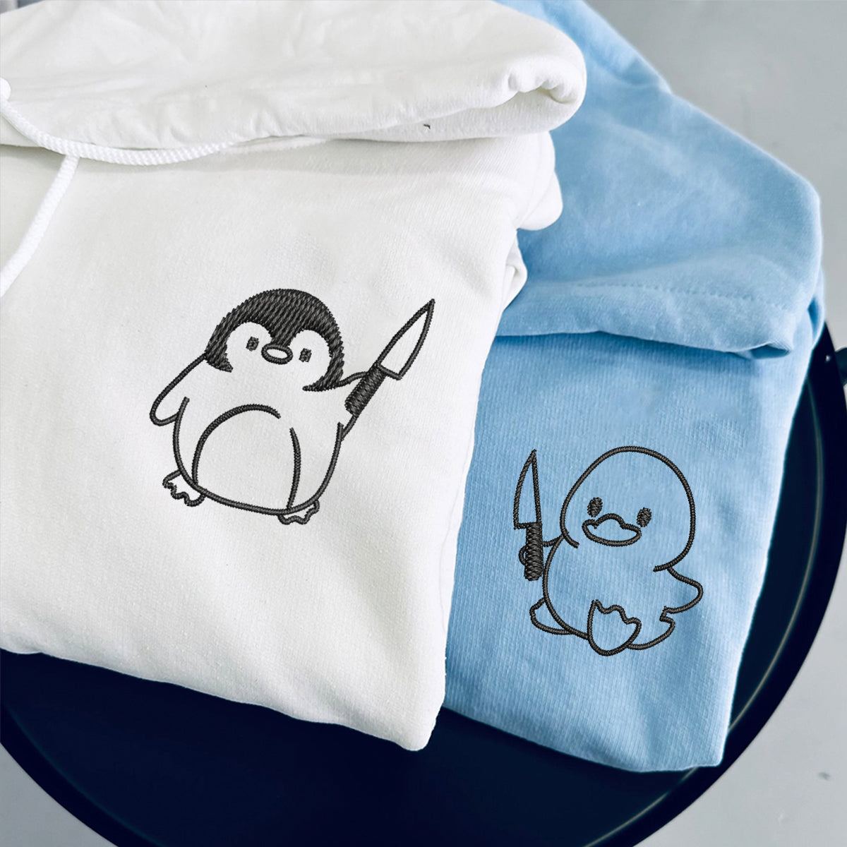 Duck and Penguin with Knife Matching Hoodies for Couples - Custom Embroidered Sweatshirts