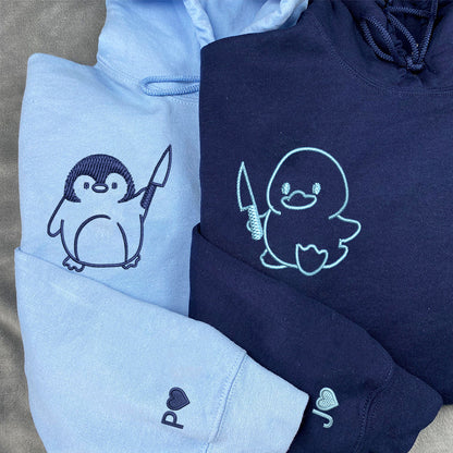 Duck and Penguin with Knife Matching Hoodies for Couples - Custom Embroidered Sweatshirts