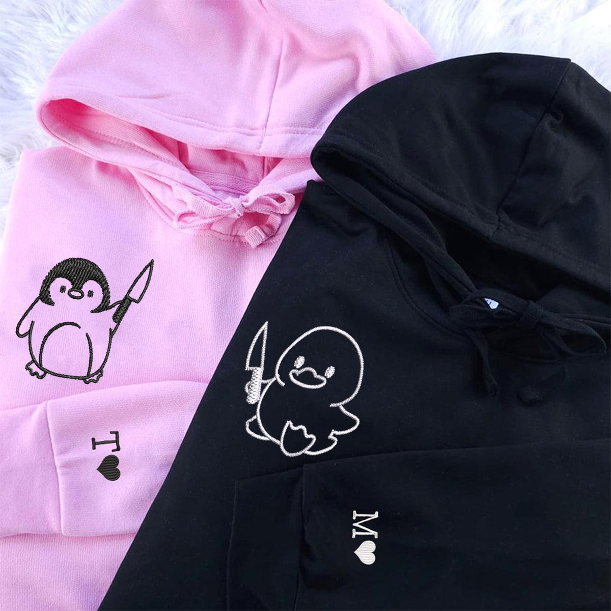 Duck and Penguin with Knife Matching Hoodies for Couples - Custom Embroidered Sweatshirts