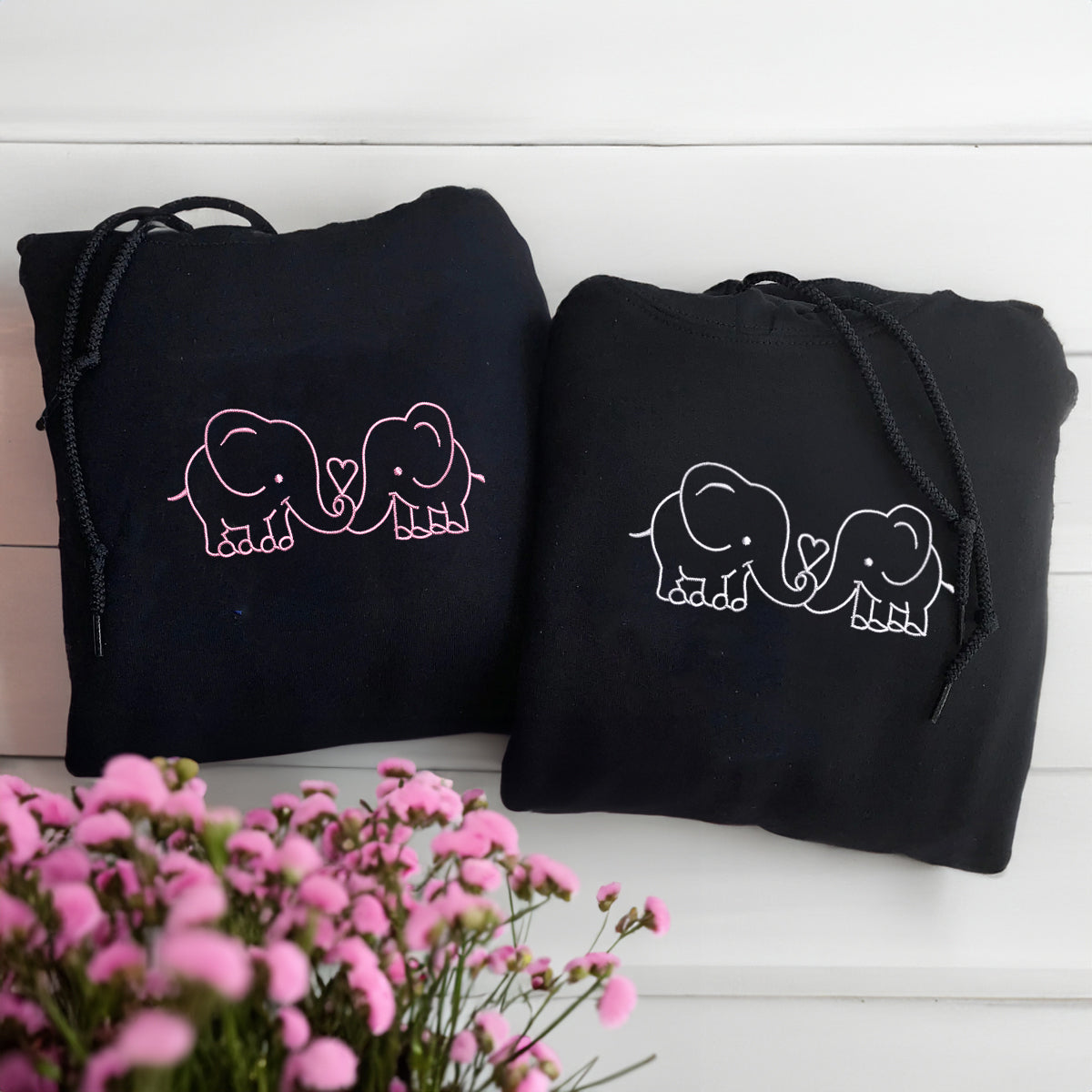 Elephant Love Matching Hoodies for Couples - Custom Embroidered Sweatshirts