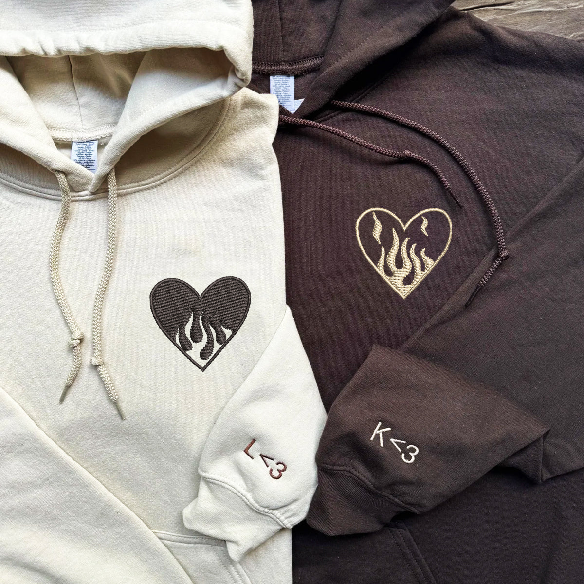 Fire Heart Matching Hoodies for Couples - Custom Embroidered Sweatshirts