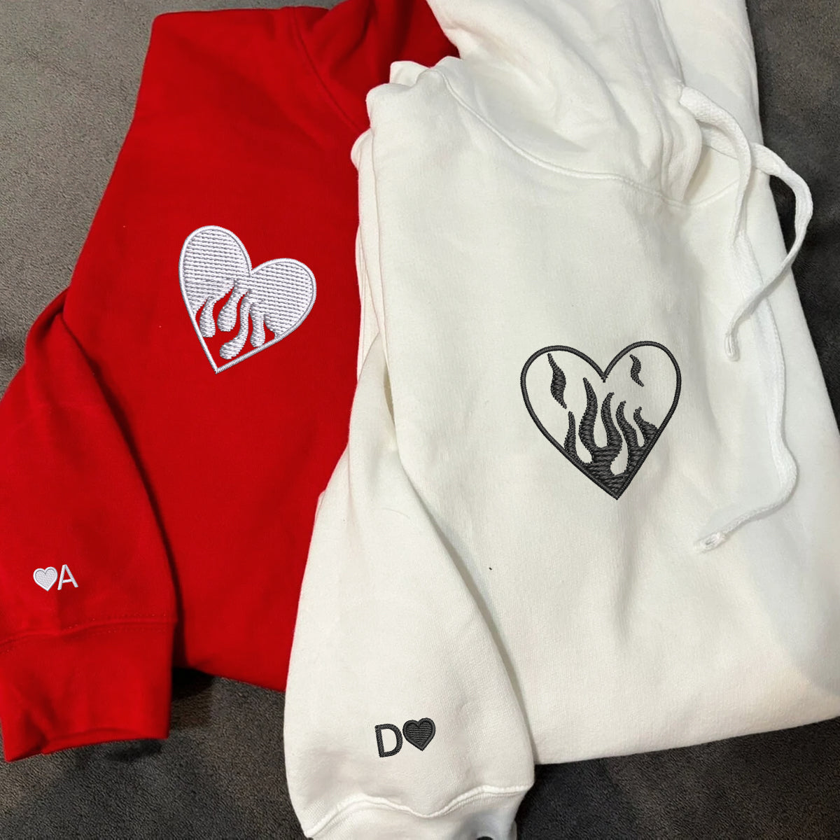 Fire Heart Matching Hoodies for Couples - Custom Embroidered Sweatshirts