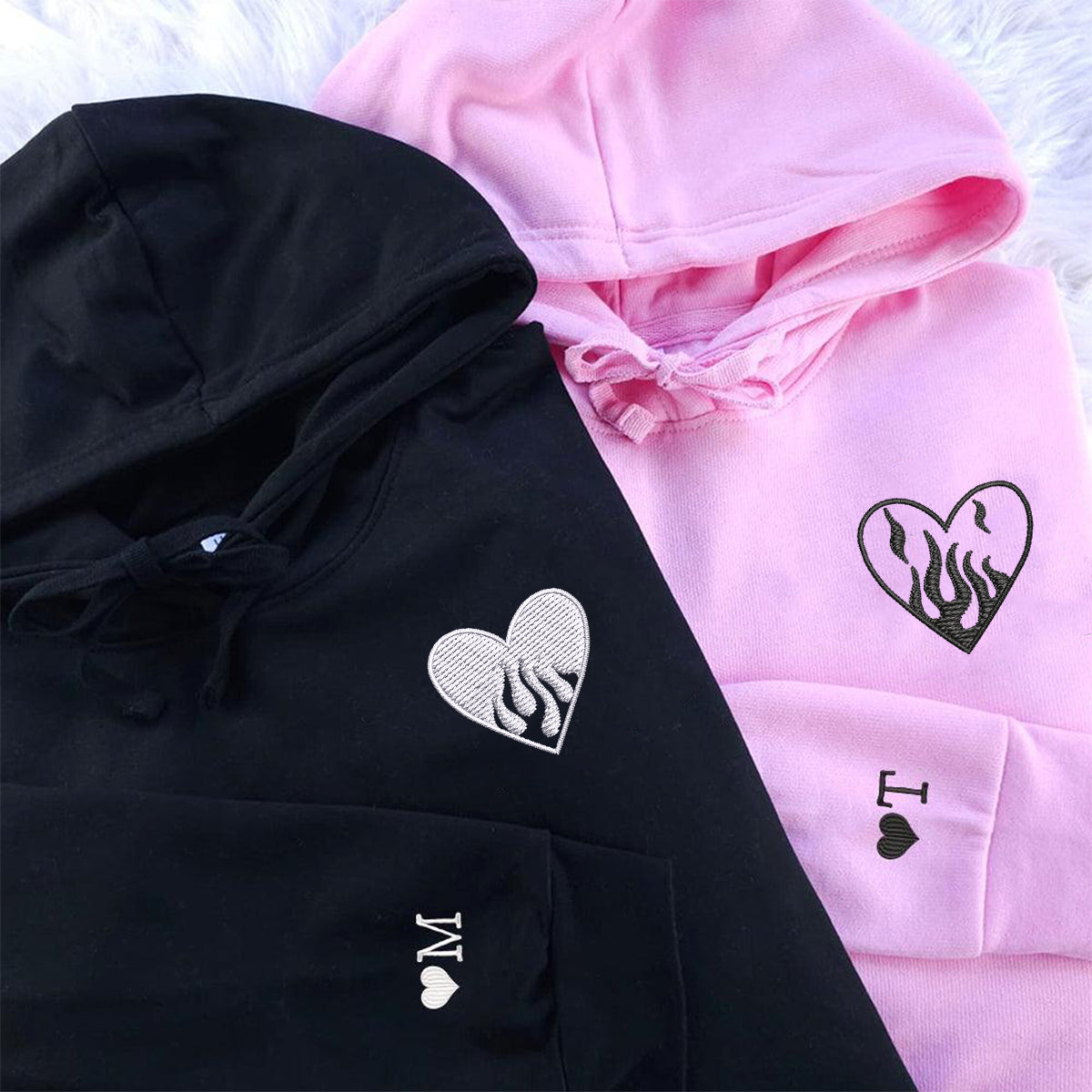 Fire Heart Matching Hoodies for Couples - Custom Embroidered Sweatshirts