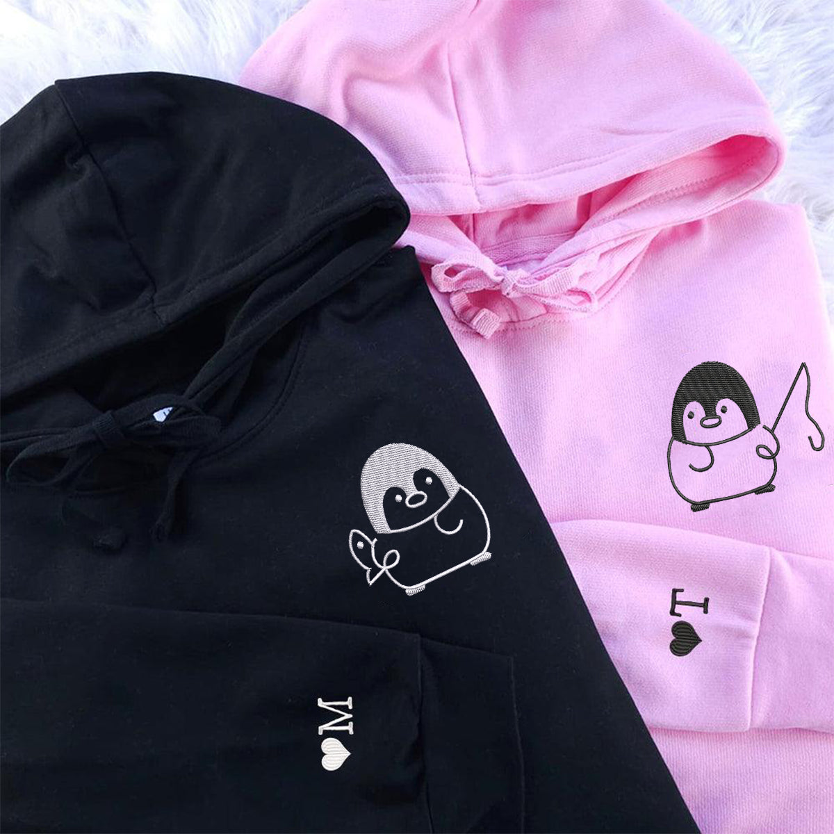 Fishing Penguin Matching Hoodies for Couples - Custom Embroidered Sweatshirts