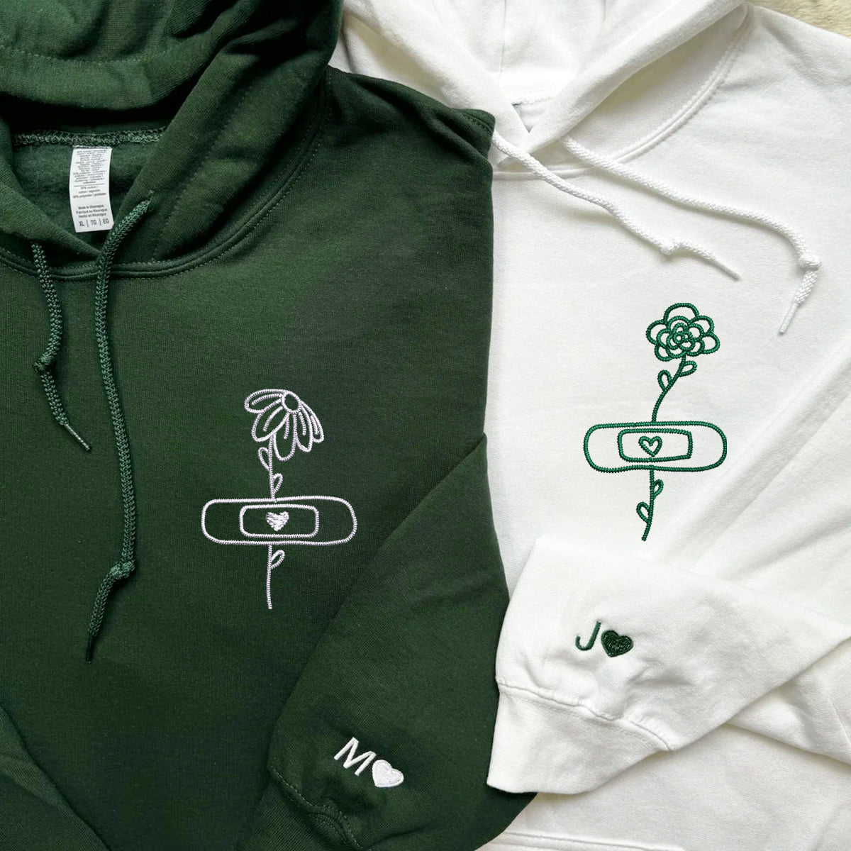 Flower with Bandaid Matching Hoodies for Couples - Custom Embroidered Sweatshirts