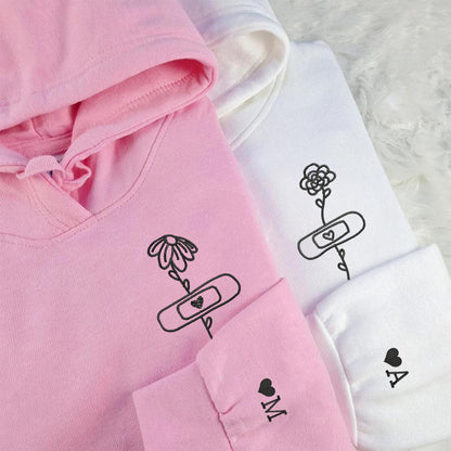 Flower with Bandaid Matching Hoodies for Couples - Custom Embroidered Sweatshirts