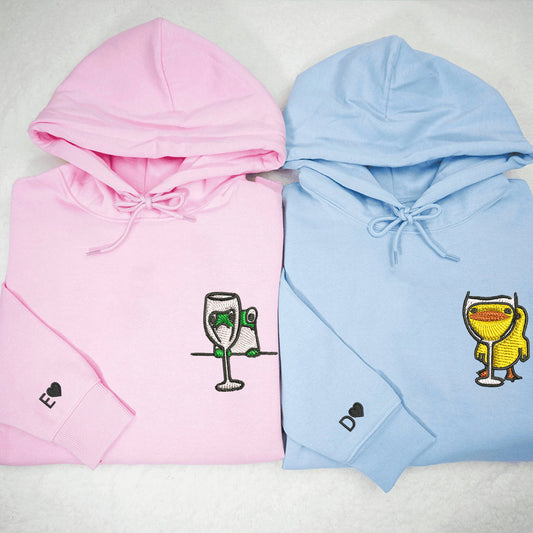 Frog and Duck Drinking Matching Hoodies for Couples - Custom Embroidered Couple Sweatshirts