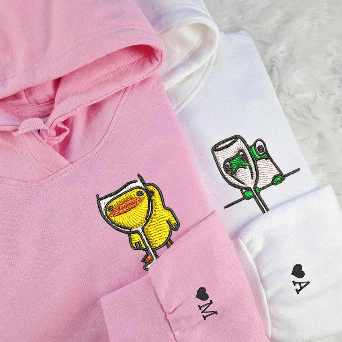 Frog and Duck Drinking Matching Hoodies for Couples - Custom Embroidered Couple Sweatshirts