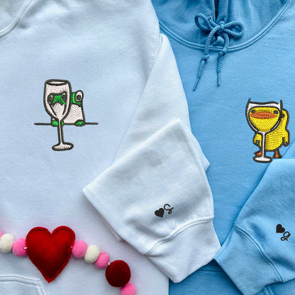 Frog and Duck Drinking Matching Hoodies for Couples - Custom Embroidered Couple Sweatshirts