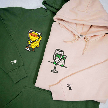 Frog and Duck Drinking Matching Hoodies for Couples - Custom Embroidered Couple Sweatshirts