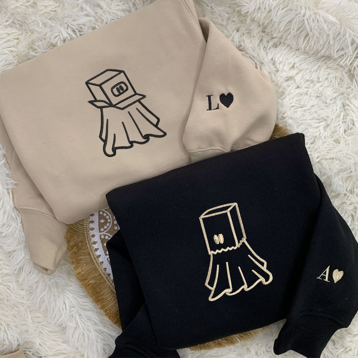 Ghost Boxhead & Paperbag Matching Hoodies for Couples - Custom Embroidered Couple Sweatshirts