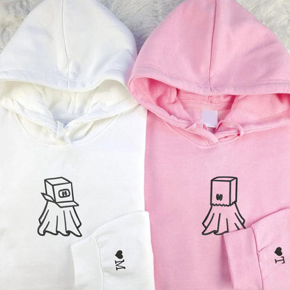 Ghost Boxhead & Paperbag Matching Hoodies for Couples - Custom Embroidered Couple Sweatshirts