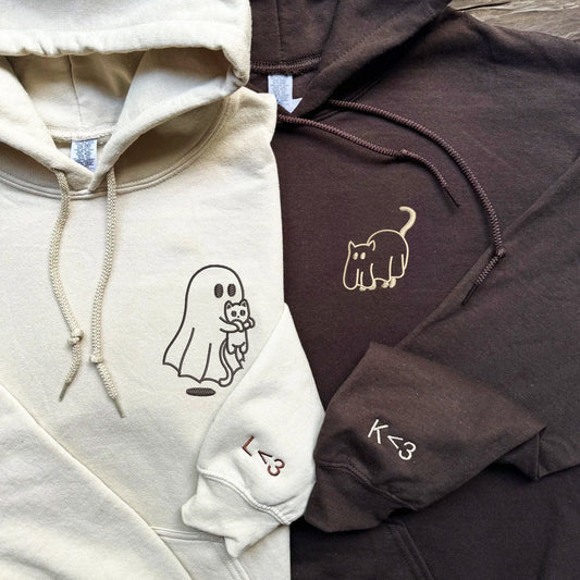 Ghost Cat Matching Hoodies for Couples - Custom Embroidered Sweatshirts