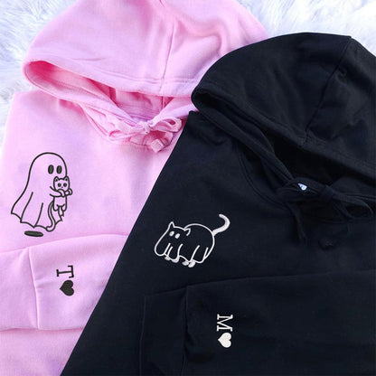 Ghost Cat Matching Hoodies for Couples - Custom Embroidered Sweatshirts