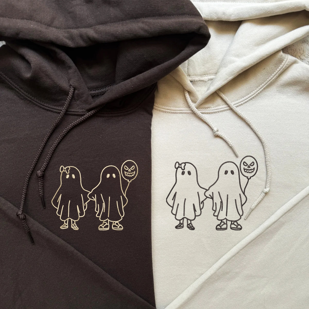 Ghost Holding Hands Matching Hoodies for Couples - Custom Embroidered Sweatshirts