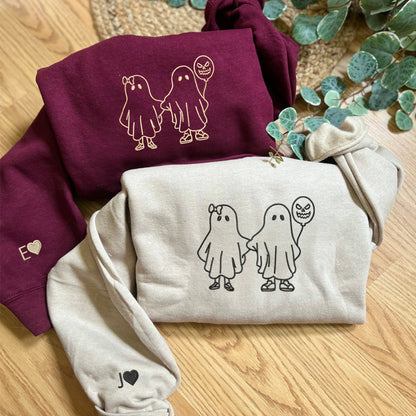 Ghost Holding Hands Matching Hoodies for Couples - Custom Embroidered Sweatshirts