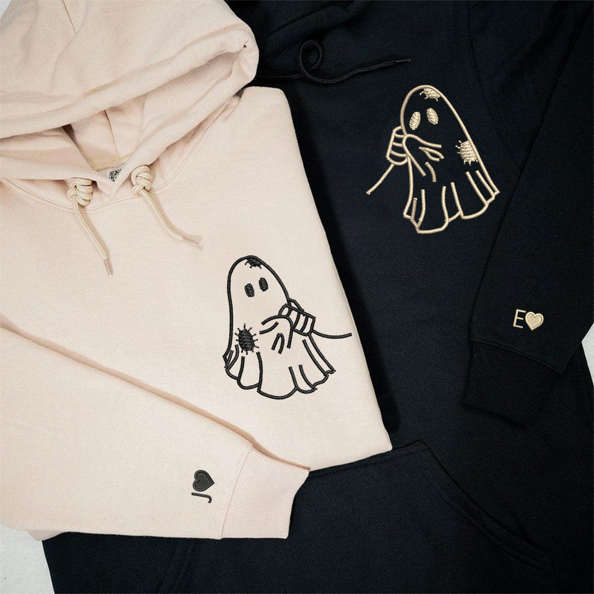 Cute Ghost Love Matching Hoodies for Couples - Custom Embroidered Sweatshirts