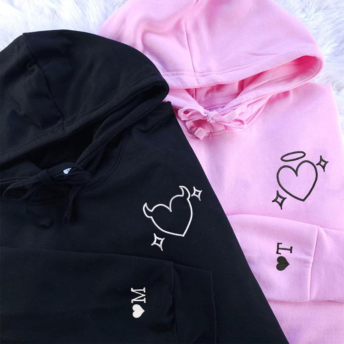 Heart Angel and Devil Matching Hoodies for Couples - Custom Embroidered Sweatshirts