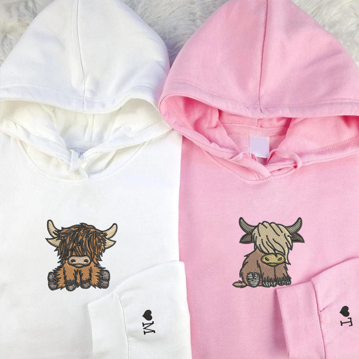 Highland Cow Matching Hoodies for Couples - Custom Embroidered Sweatshirts