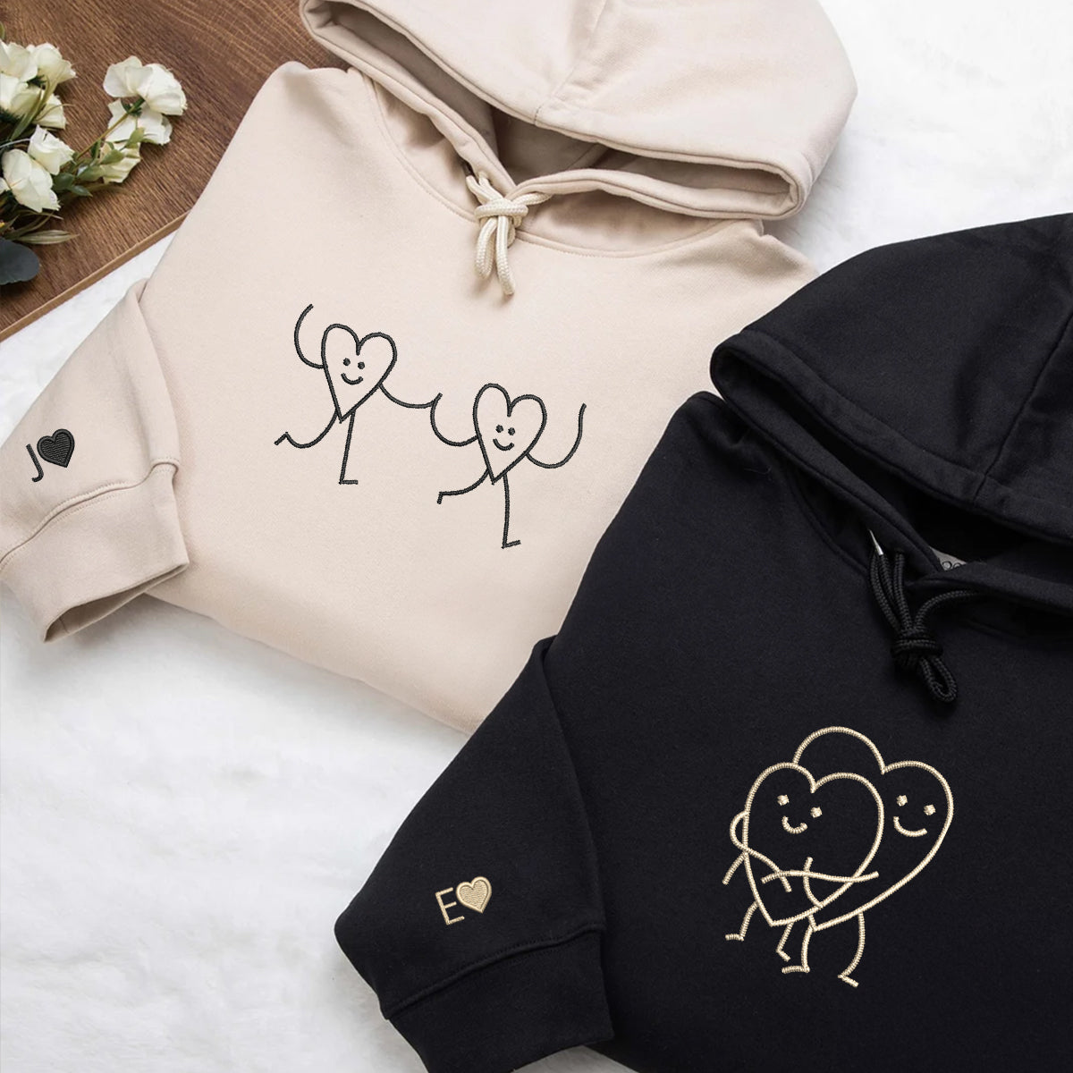 Hugging Hearts Matching Hoodies for Couples - Custom Embroidered Sweatshirts