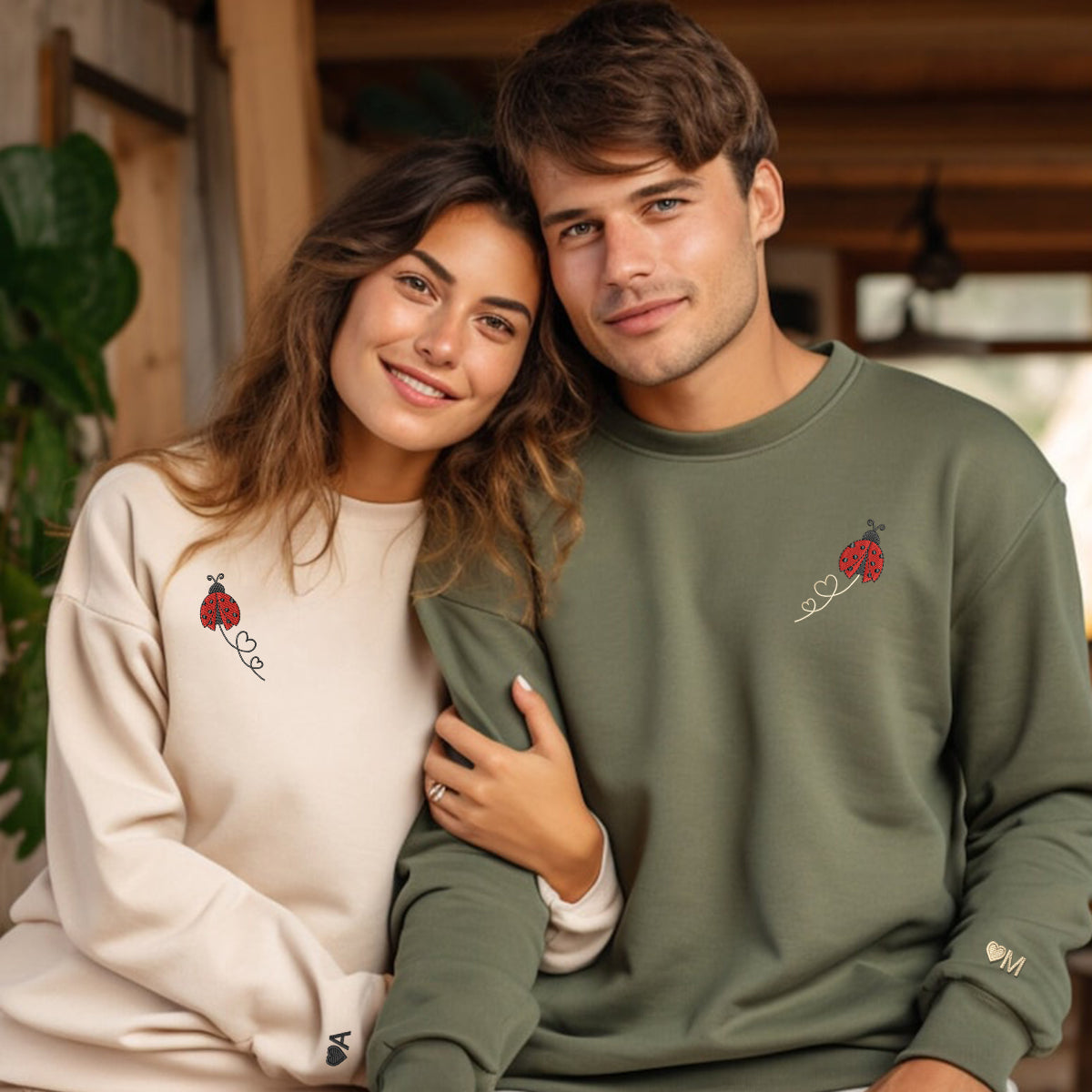 Ladybug Hearts Matching Hoodies for Couples - Custom Embroidered Sweatshirts