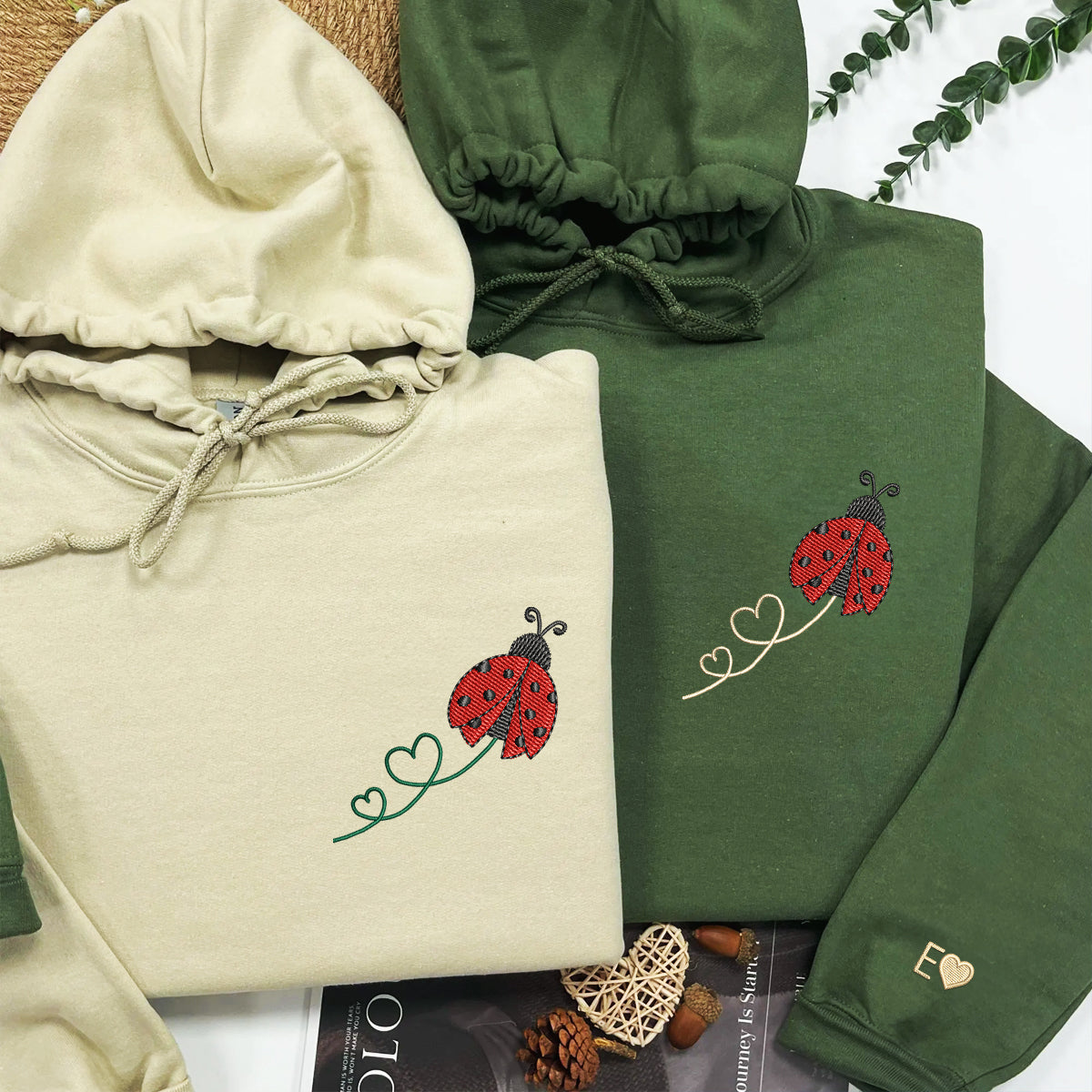 Ladybug Hearts Matching Hoodies for Couples - Custom Embroidered Sweatshirts