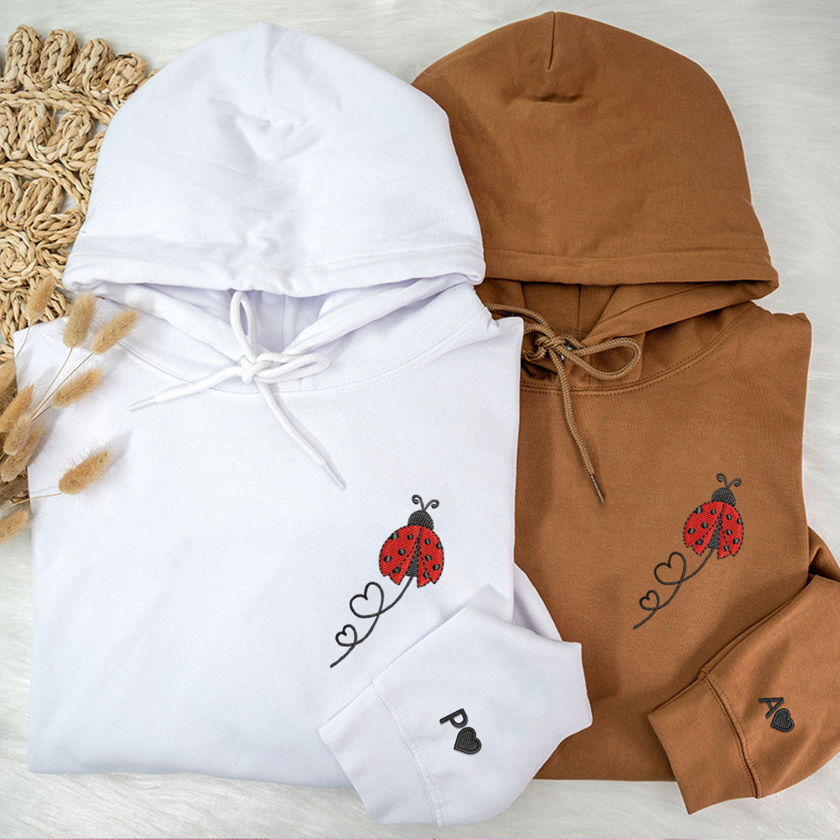 Ladybug Hearts Matching Hoodies for Couples - Custom Embroidered Sweatshirts