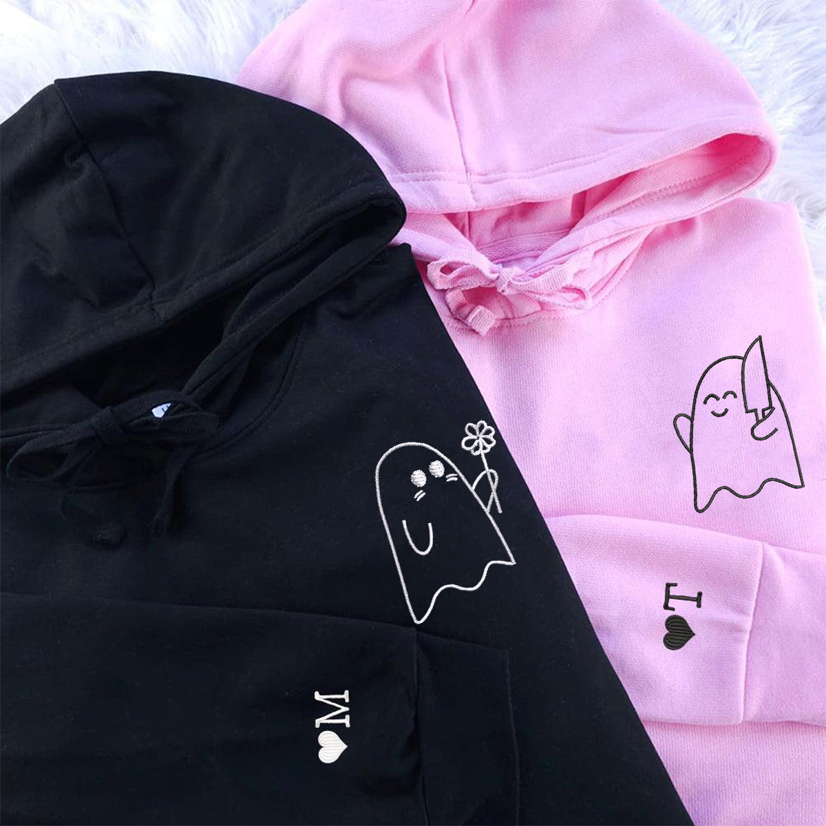 Lovely Sheet Ghost Matching Hoodies for Couples - Custom Embroidered Sweatshirts