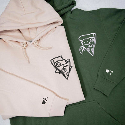 One Bite Pizza Matching Hoodies for Couples - Custom Embroidered Sweatshirts