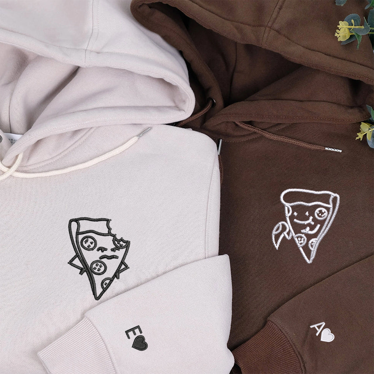 One Bite Pizza Matching Hoodies for Couples - Custom Embroidered Sweatshirts