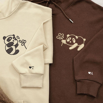 Panda with Flowers Matching Hoodies for Couples - Custom Embroidered Sweatshirts