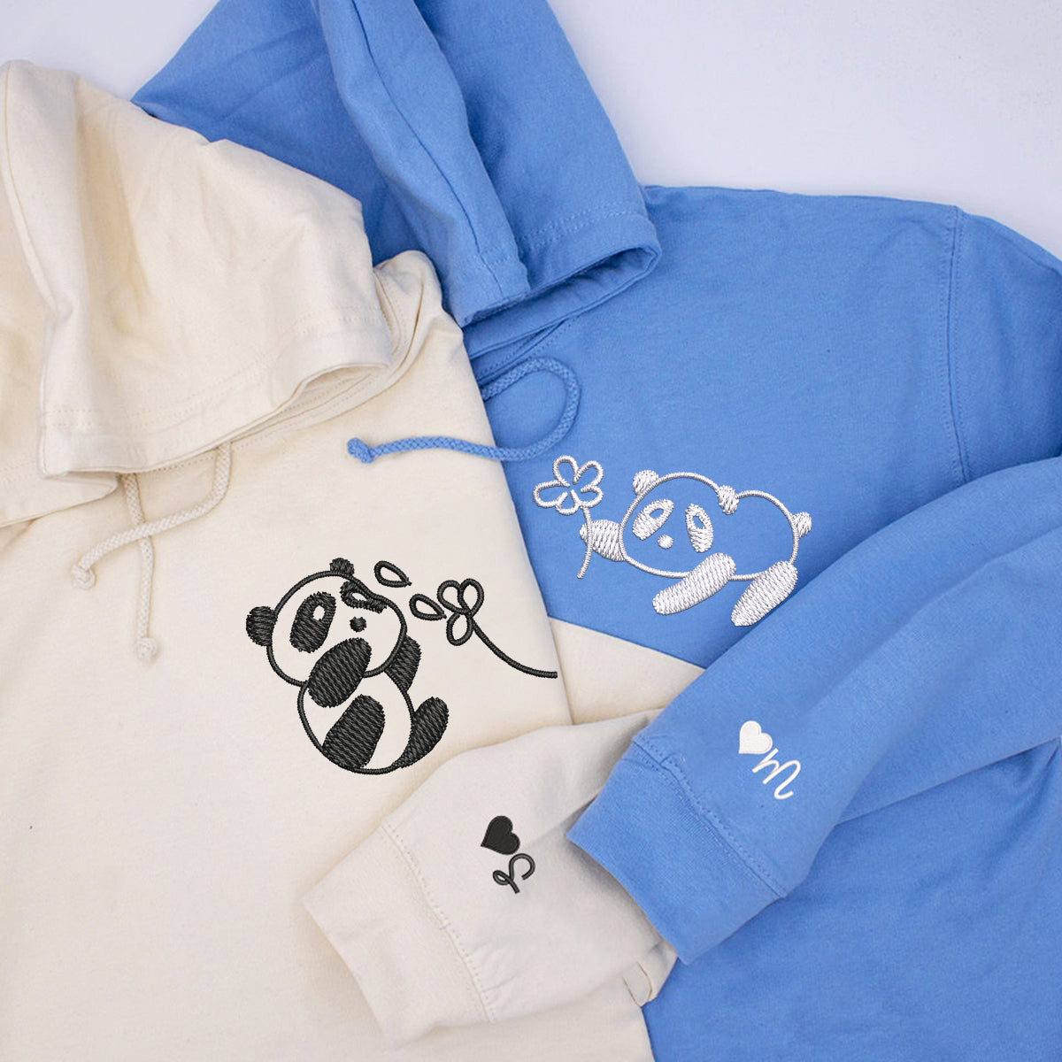 Panda with Flowers Matching Hoodies for Couples - Custom Embroidered Sweatshirts