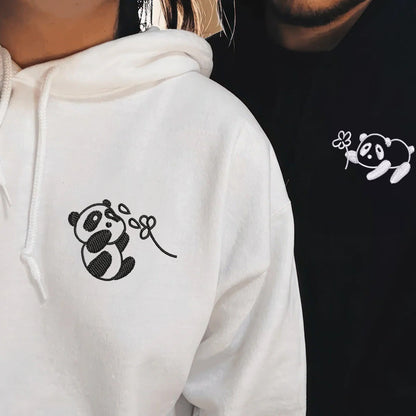 Panda with Flowers Matching Hoodies for Couples - Custom Embroidered Sweatshirts