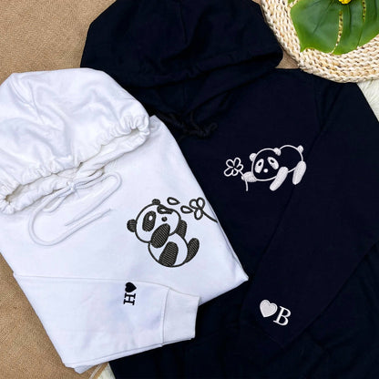 Panda with Flowers Matching Hoodies for Couples - Custom Embroidered Sweatshirts