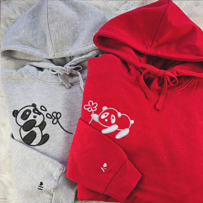 Panda with Flowers Matching Hoodies for Couples - Custom Embroidered Sweatshirts