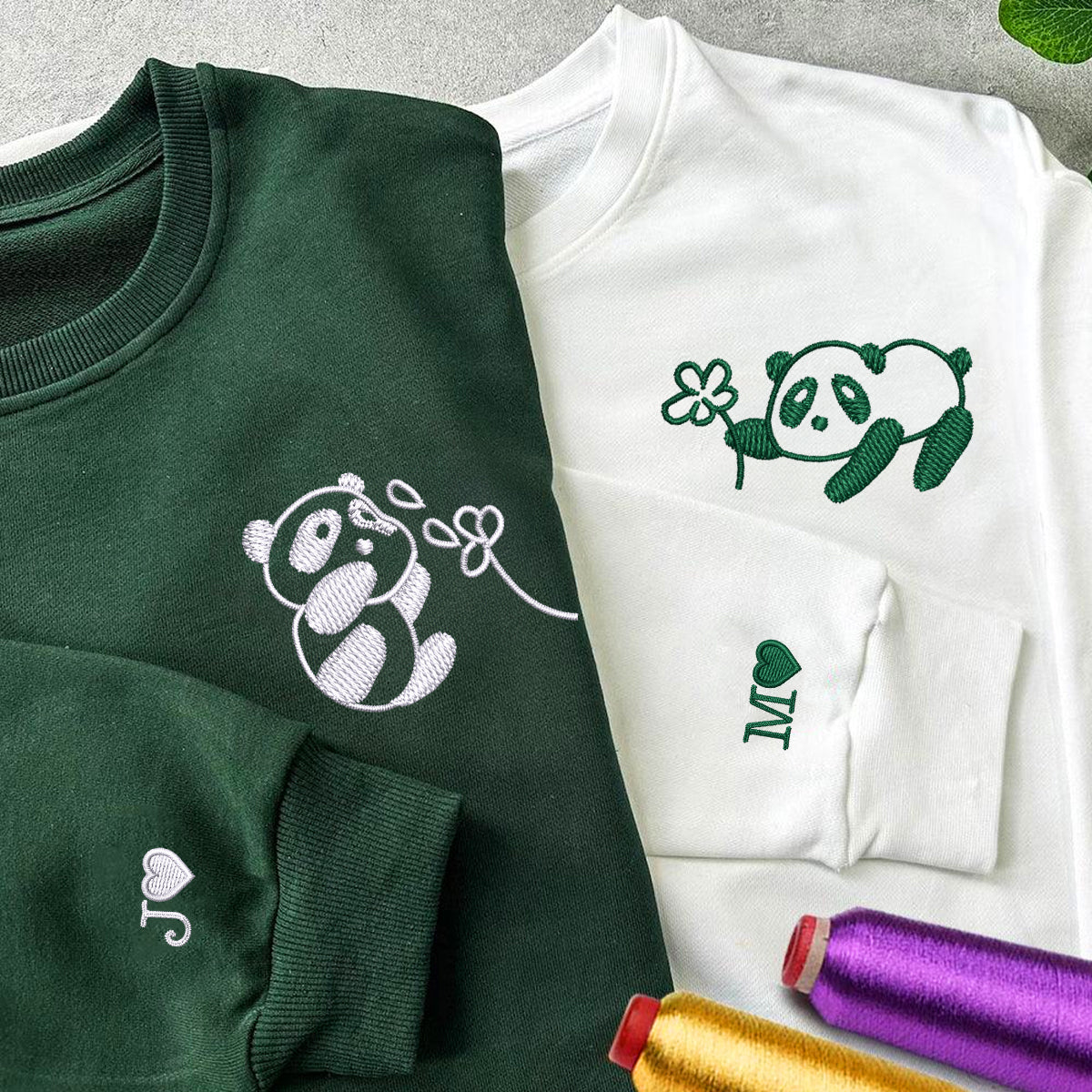 Panda with Flowers Matching Hoodies for Couples - Custom Embroidered Sweatshirts