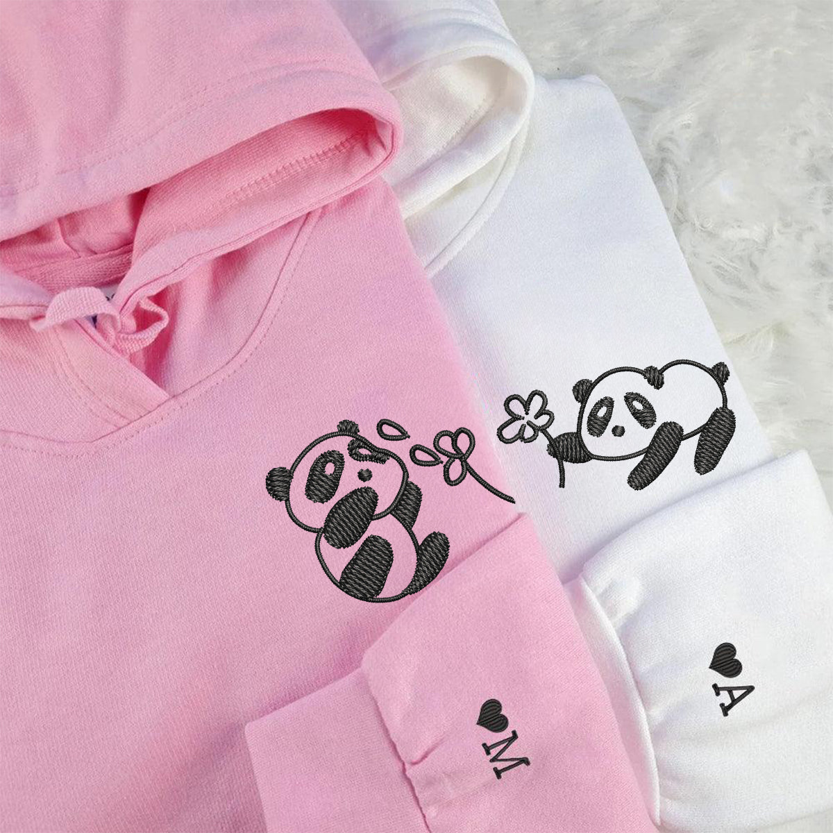 Panda with Flowers Matching Hoodies for Couples - Custom Embroidered Sweatshirts