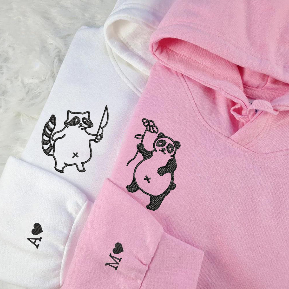 Panda and Raccoon Matching Hoodies for Couples - Custom Embroidered Sweatshirts